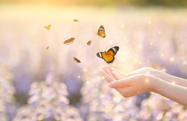 Schmetterlinge die aus geöffneten Händen davon fliegen, im Hintergrund Blüten