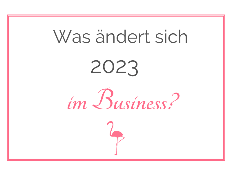 Grafik mit der Aufschrift: Was ändert sich 2023 im Business? Pinke Akzente und ein pinker Flamingo am unteren Rand